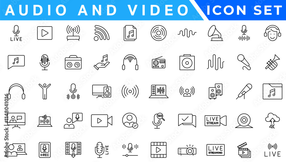 Poster audio video icons pack. thin line icons set. flat icon collection set. simple vector icons