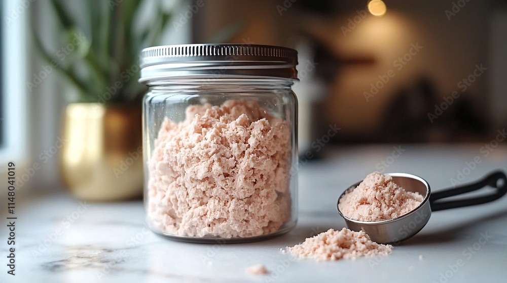 Fototapete close-up of an open protein supplement container next to a measuring scoop on a counter stock photo 