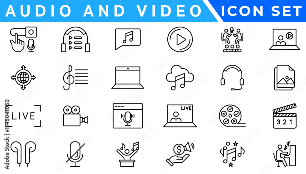 Poster audio video icons pack. thin line icons set. flat icon collection set. simple vector icons