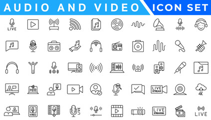 Audio Video Icons Pack. Thin line icons set. Flat icon collection set. Simple vector icons