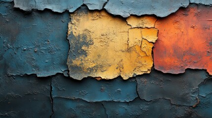 Obraz premium Cracked paint, blue, orange, yellow, textured surface.