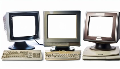 Set of vintage desktop computers with blank screens, isolated on white background. Monitor with keyboard