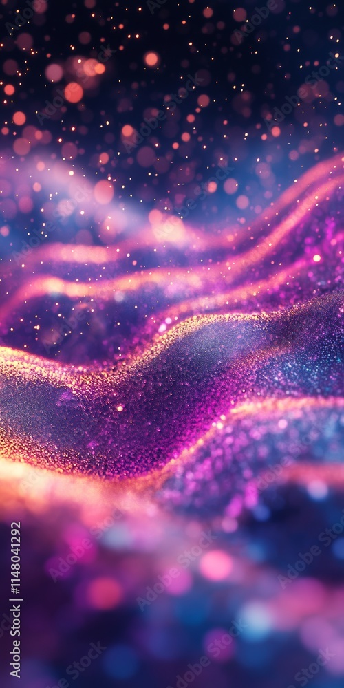 Poster a mesmerizing abstract image featuring vibrant colors and shimmering particles, creating a cosmic, d