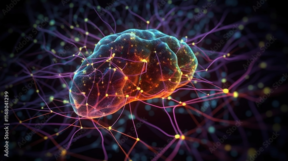 Poster abstract visualization of a glowing brain surrounded by colorful neural connections against a dark b