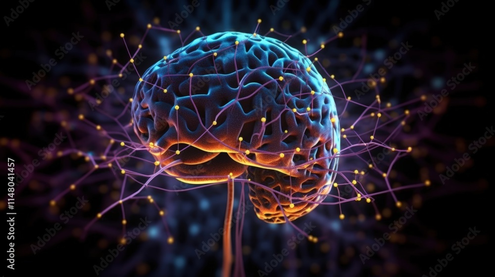 Poster abstract representation of a glowing brain with interconnected neural networks and vibrant colors on