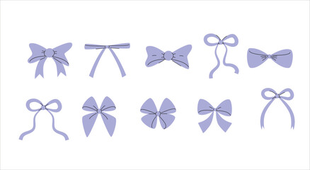Set of Lilac Bow Illustrations. Collection of Cute Pink Ribbons and Bows. Romantic Elements for Birthday and Valentine's Day.