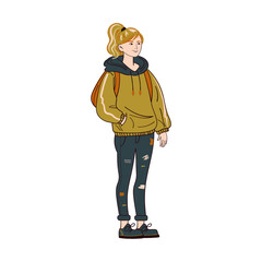 Young woman character wearing trendy modern outfit including jeans, hoodie, sneakers and backpack. Street fashion flat illustration isolated on white background.