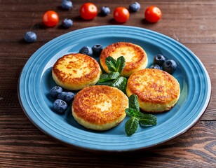 Generated image A blue plate with four round, golden brown cheese pancakes, blueberries, cherry tomatoes