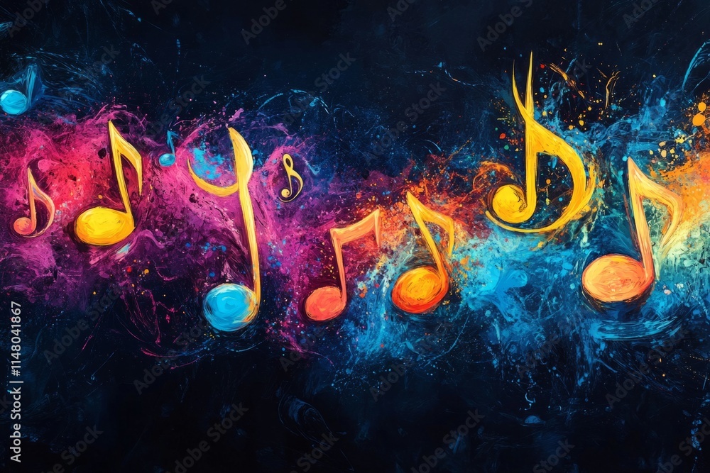 Poster colorful music notes are floating on a vibrant, dark background, creating a dynamic and artistic rep