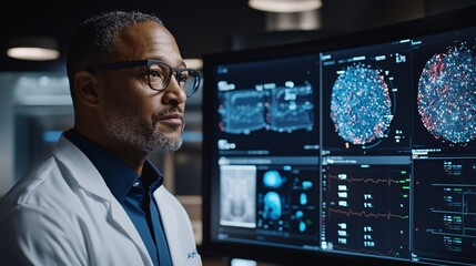 Close-up of a medical professional analyzing detailed patient data on a digital diagnostic screen in a modern healthcare setting Stock Photo with side copy space