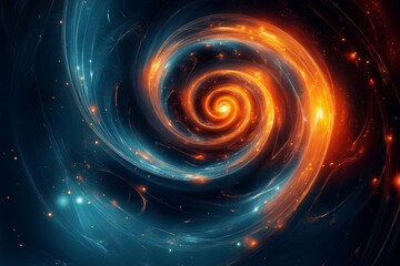 Obraz premium Glowing embers swirling in a fiery spiral amidst a cosmic backdrop of blue nebulae