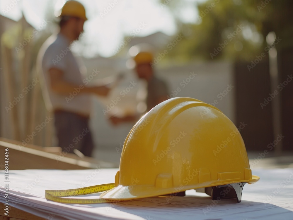 Poster construction helmet and blueprints with workers in the background.