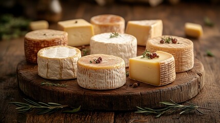 Assorted cheeses on wooden board. (1)