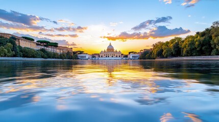 Fototapeta premium Sunset view of St. Peter's Basilica reflected in calm water.