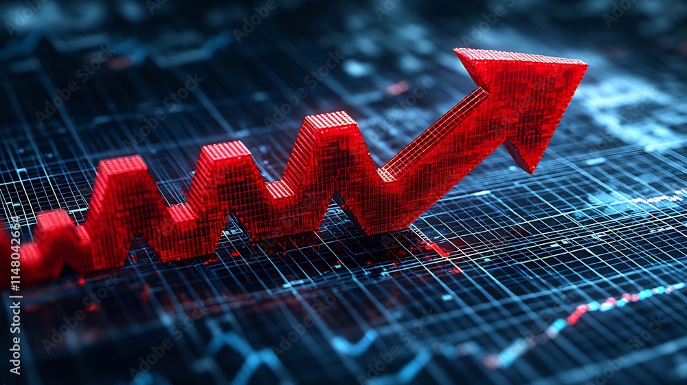 Poster red 3d arrow graph showing growth on digital background.
