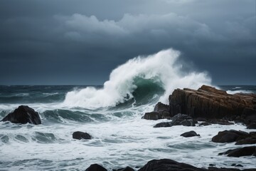 arafed view of a large wave breaking over a rocky shore