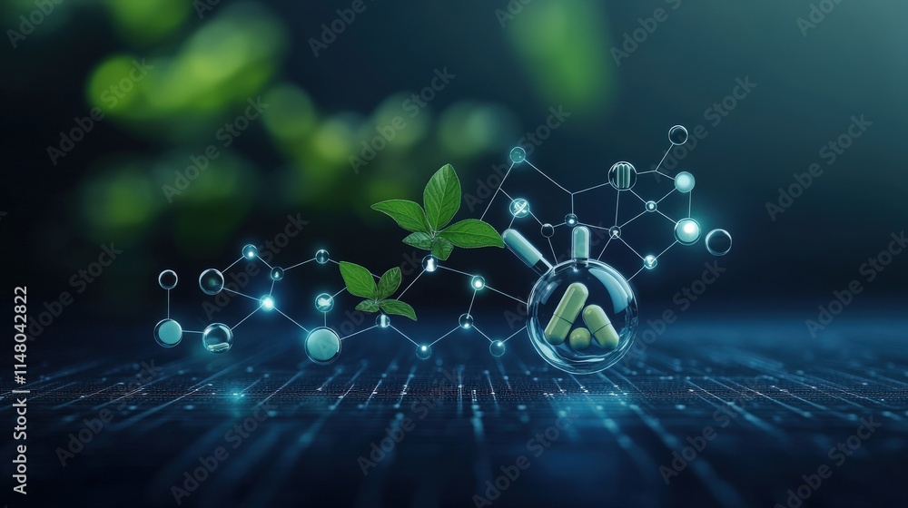 Poster innovative fusion of nature and science depicting molecular structures and green leaves reflecting s