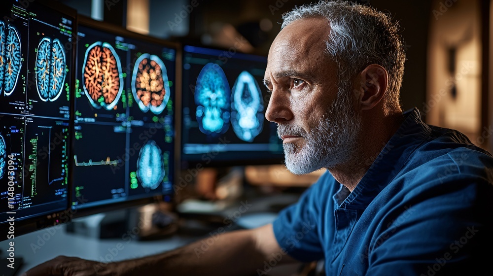 Poster Team of medical researchers analyzing complex datasets to improve diagnostic precision using artificial intelligence Stock Photo with side copy space