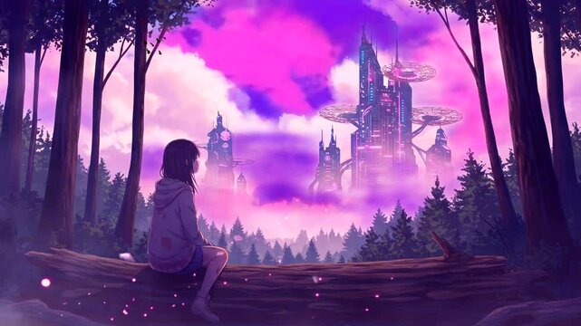 Animated Virtual Backgrounds Girl The Forest Futuristic Scenery Lofi Music Lofi Japanese Manga Anime Style Looping Music Video Background