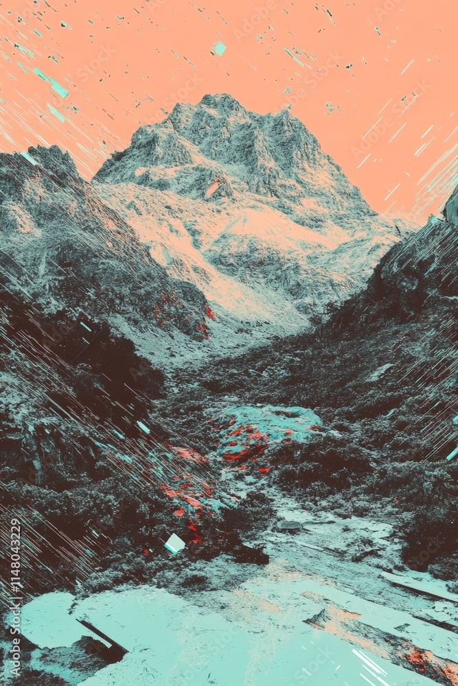 Aufkleber a surreal mountain scene with abstract colors and dynamic sky elements, creating a dreamlike atmosph