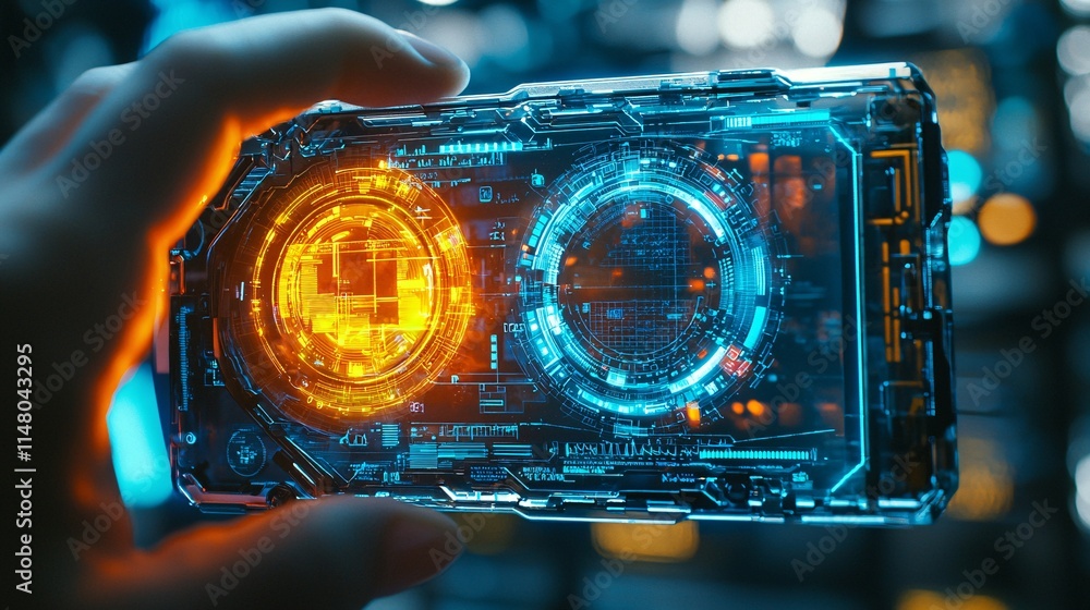 Poster close-up of a futuristic handheld diagnostic device used by a healthcare professional for rapid pati