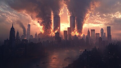Obraz premium Dramatic Depiction of Twin Towers Explosion with Ominous City Skyline. AI generated illustration