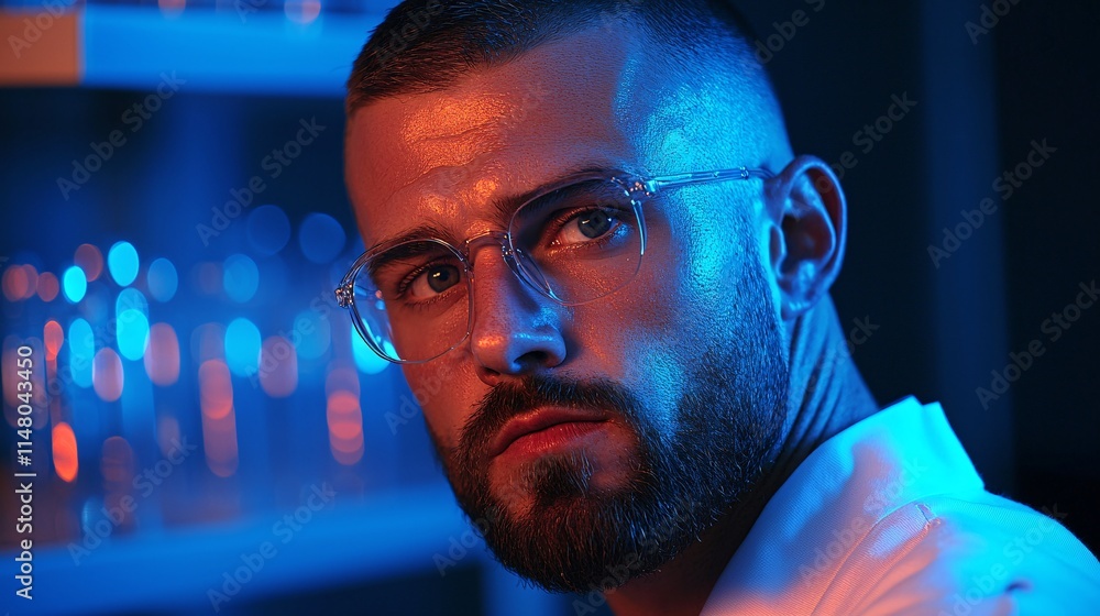 Poster technician observing chemical reactions in a diagnostic test tube with a laboratory background stock