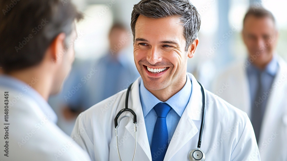 Poster Group of doctors reviewing diagnostic imaging results on large screens in a collaborative healthcare environment Stock Photo with side copy space