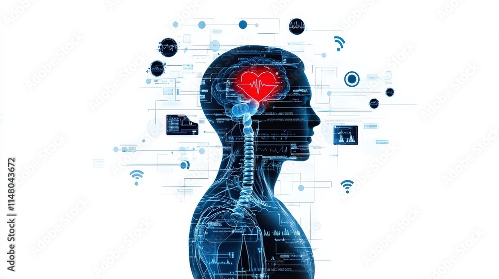 Poster Human Silhouette with Digital Heartbeat and Technology Symbols Representing Health Monitoring and Data Analysis Connected to the Nervous System and Emotions