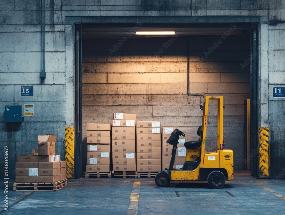 Poster warehouse loading bay with forklift and stacked boxes.
