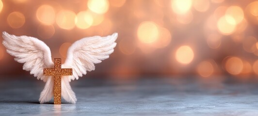 Fototapeta premium Symbolic angel wings and cross spiritual reflection serenity soft focus faith concept