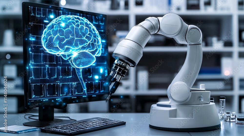 Poster AI-powered robotic arm assisting in the analysis of medical images for precise and quick diagnostics Stock Photo with side copy space