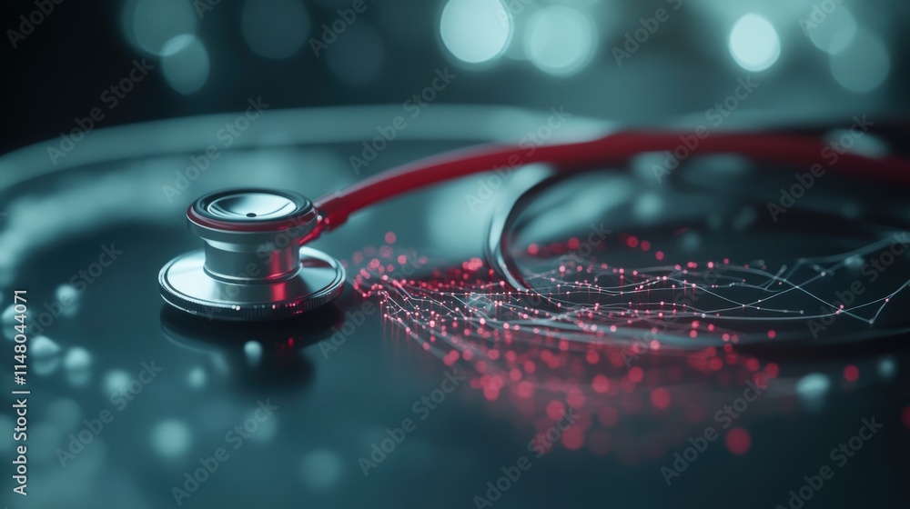Poster abstract representation of medical technology with stethoscope and digital connections, symbolizing 