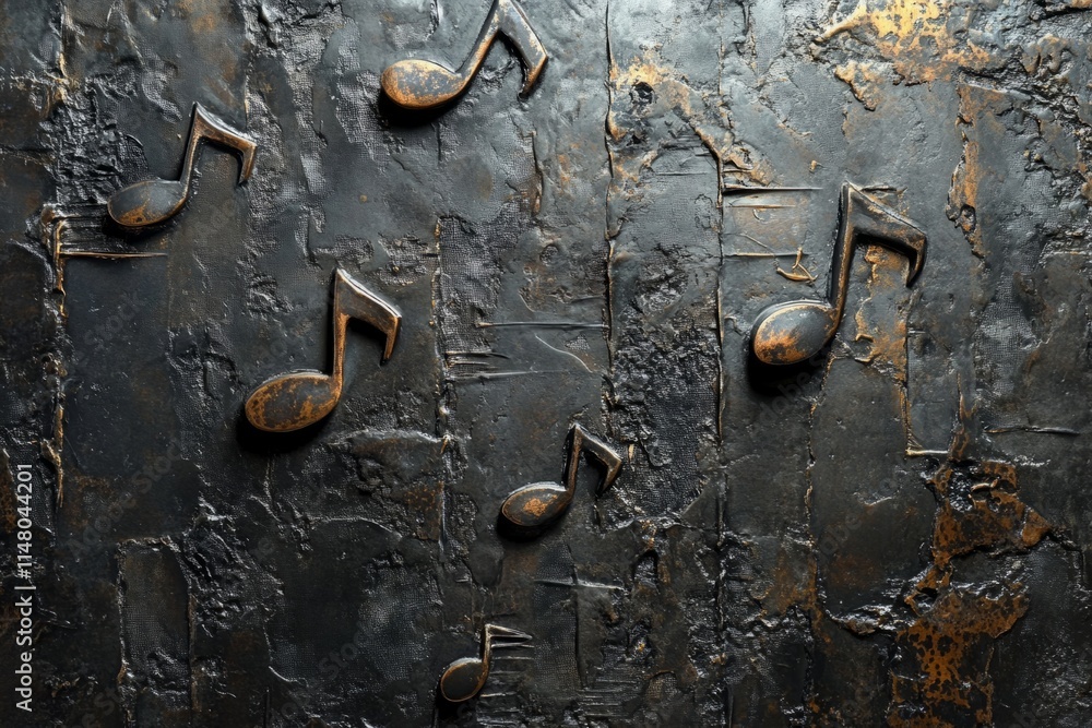 Poster bronze-colored eighth notes scattered on a dark, textured background create a visual representation 