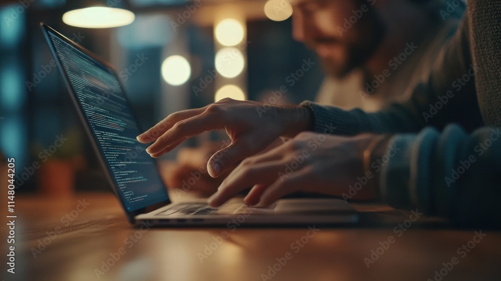 Poster man typing code on laptop, soft focus background.