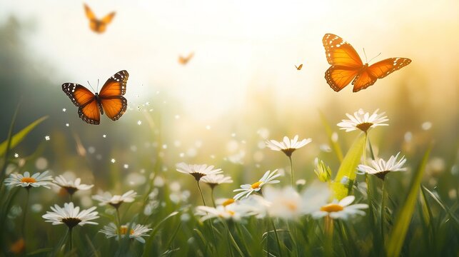 Art Beautiful spring nature background. Daisy flowers in green grass, a blooming wild field meadow and butterflies flying above it