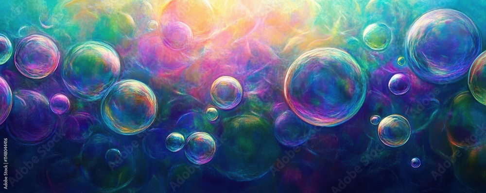 Poster abstract bubbles in vibrant colors, creating a mesmerizing background with various shades of blue, p