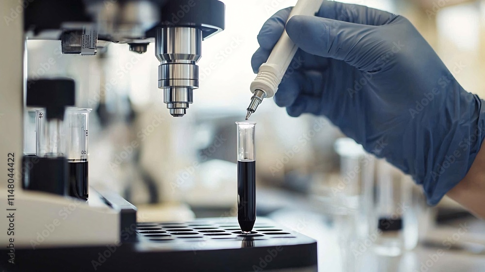 Poster Close-up of diagnostic lab samples being labeled and organized by an automated machine for faster processing Stock Photo with side copy space