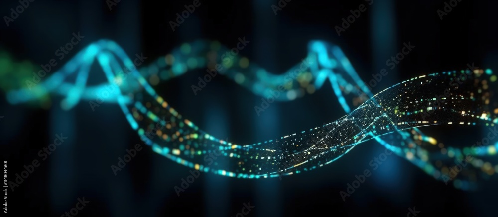 Poster futuristic data stream visualization with vibrant colors and glowing particles representing informat