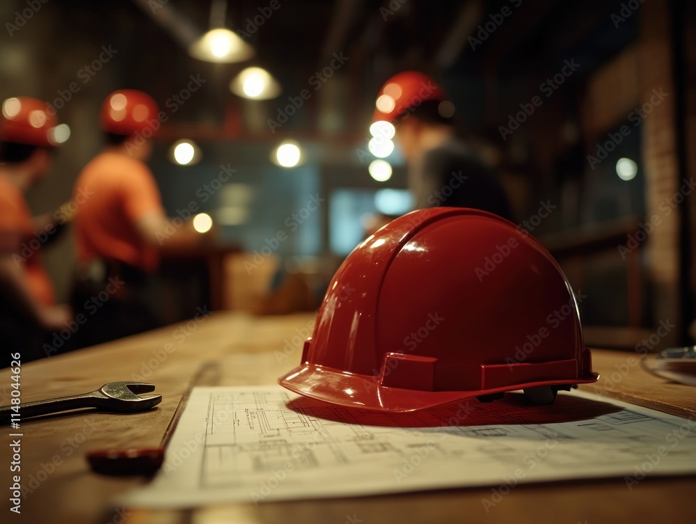 Poster red hardhat on table, blurred workers in background.