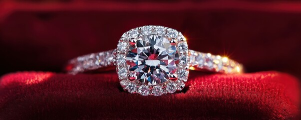 Fototapeta premium Sparkling diamond ring is being presented in a red velvet box, symbolizing love and commitment