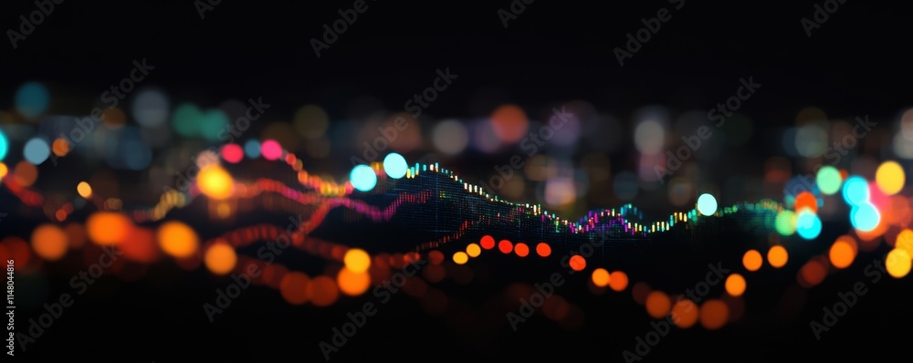 Poster in the background, there are city lights. this is an interactive graph looking at data analytics and