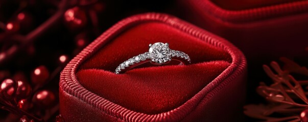 Obraz premium Sparkling diamond ring is presented in a red velvet box, capturing the essence of love and commitment