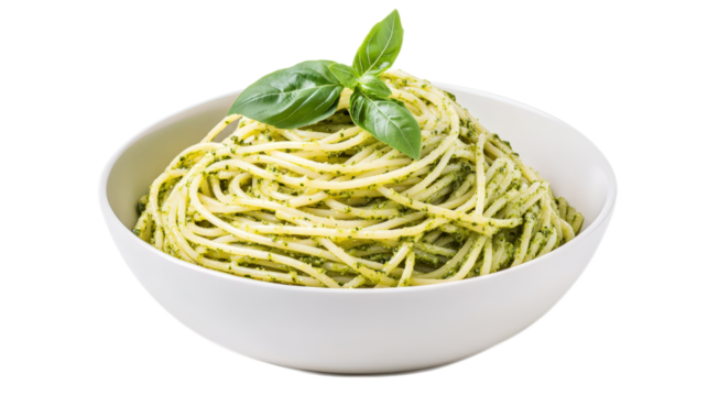 Fresh Homemade Pasta with Green Basil Pesto on a White Plate
