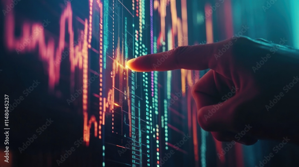 Aufkleber finger pointing at a stock chart on a screen.