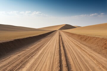 dirt road in the middle of a desert with a sky background