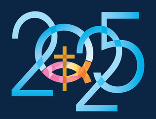 
Jesus fish symbol, new year date. 
2025 new year with Jesus fish symbol with cross. Isolated on blue background. Vector available.