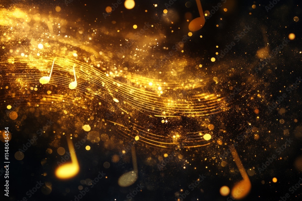 Poster golden musical notes flowing on an abstract background creating a beautiful and elegant visual repre