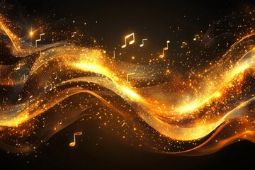 Obraz premium Golden musical notes flowing on abstract sparkling waves of music, creating a magical and festive atmosphere