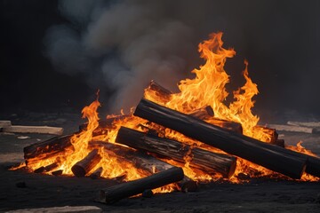 flames are burning in the sand near a pile of logs